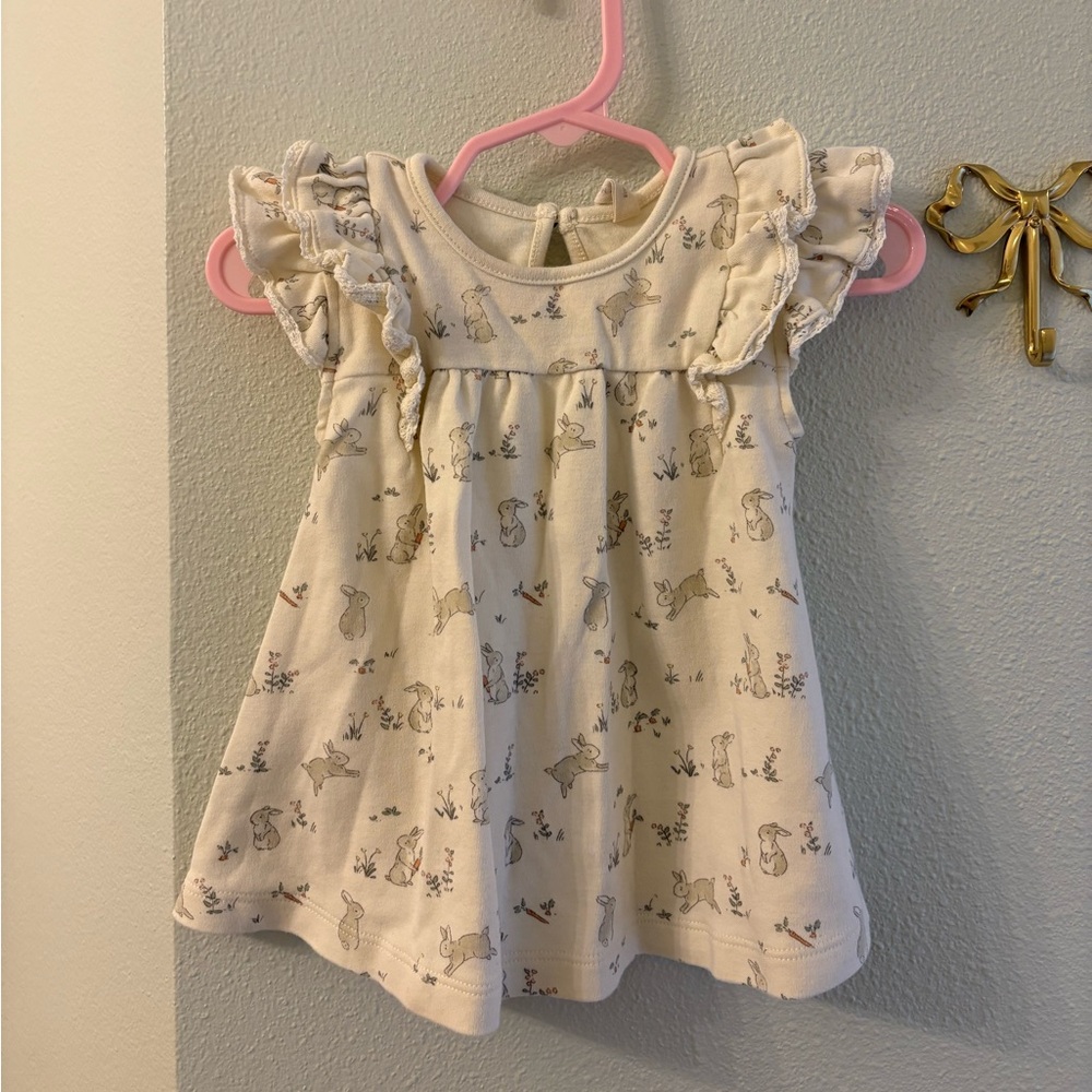 Quincy Mae Cream Ruffle Baby Dress with Bunny Print
